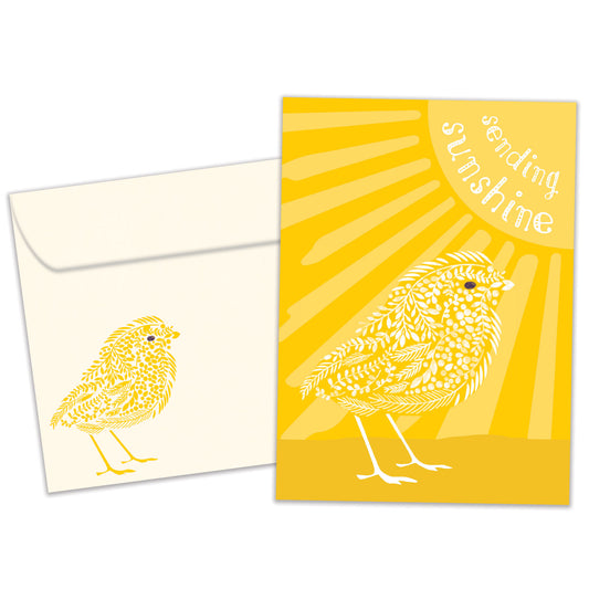 Front view of an All Occasion greeting card and matching envelope featuring a bird, the sun, and the cheerful message 'sending sunshine' in a bright design.