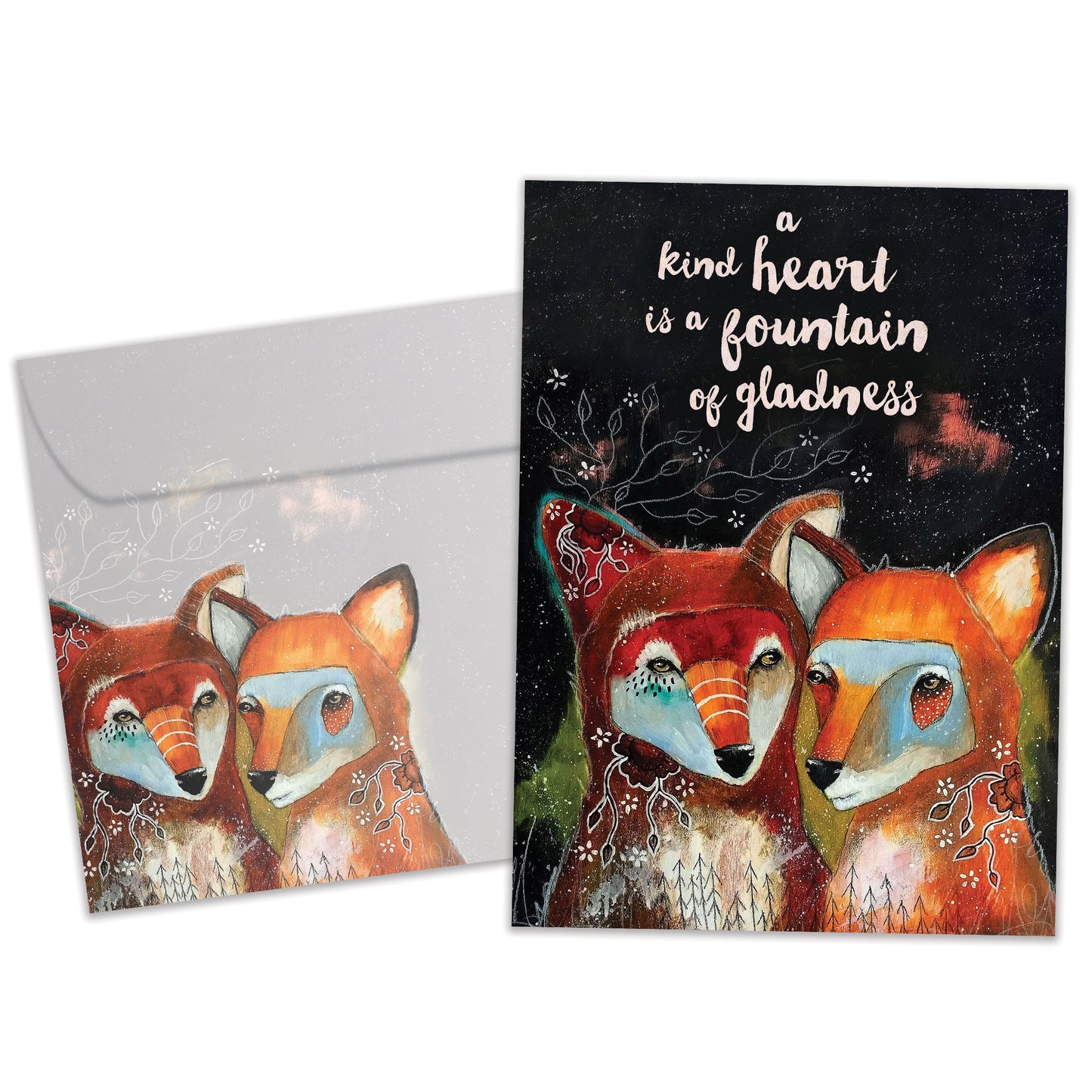 Front view of an All Occasion greeting card and matching envelope featuring an illustration of two foxes and a message about a kind heart in a sweet design.