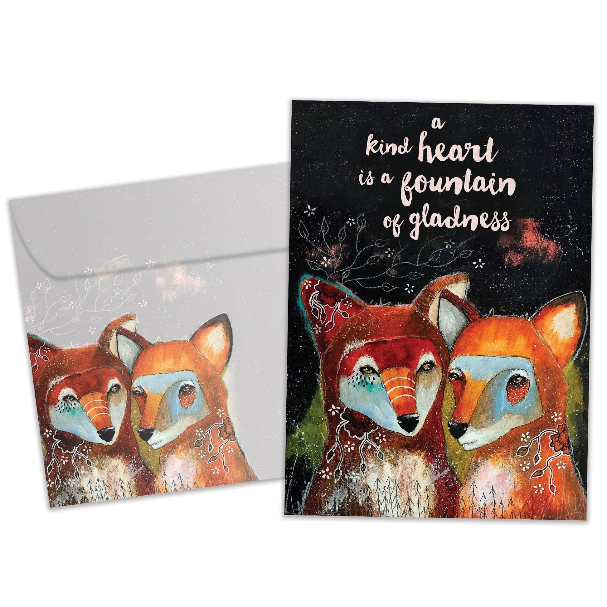 Front view of an All Occasion greeting card and matching envelope featuring an illustration of two foxes and a message about a kind heart in a sweet design.