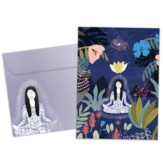Front view of an All Occasion greeting card and matching envelope featuring an illustration of a woman meditating in a garden under the stars in a peaceful design.