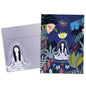 Front view of an All Occasion greeting card and matching envelope featuring an illustration of a woman meditating in a garden under the stars in a peaceful design.