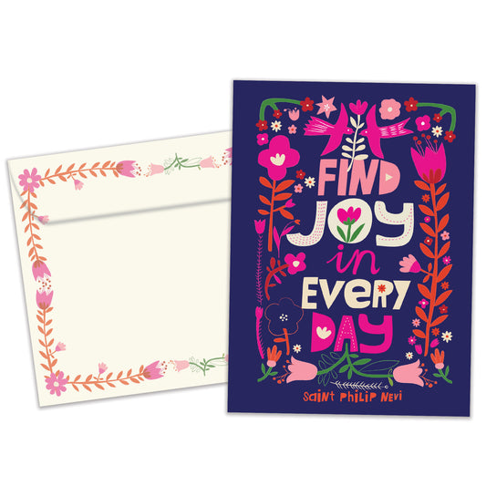 Front view of an All Occasion greeting card and matching envelope featuring a floral design with the uplifting message 'find joy in every day' in vibrant colours.