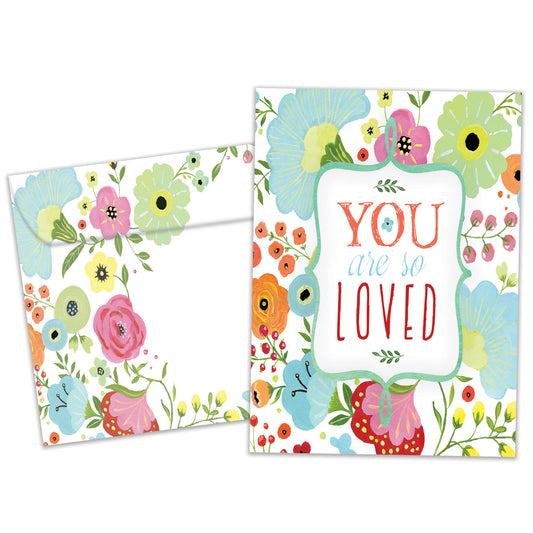 Front view of an All Occasion greeting card and matching envelope featuring the message 'You are so loved' surrounded by soft-coloured flowers in a delicate design.