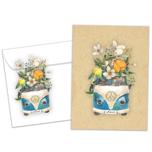 Front view of an All Occasion greeting card and matching envelope featuring an illustration of a van overflowing with flowers and the word 'Love' on the licence plate.