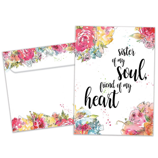 Front view of an All Occasion greeting card and matching envelope featuring the message 'Sister of my soul, friend of my heart' surrounded by watercolour flowers.