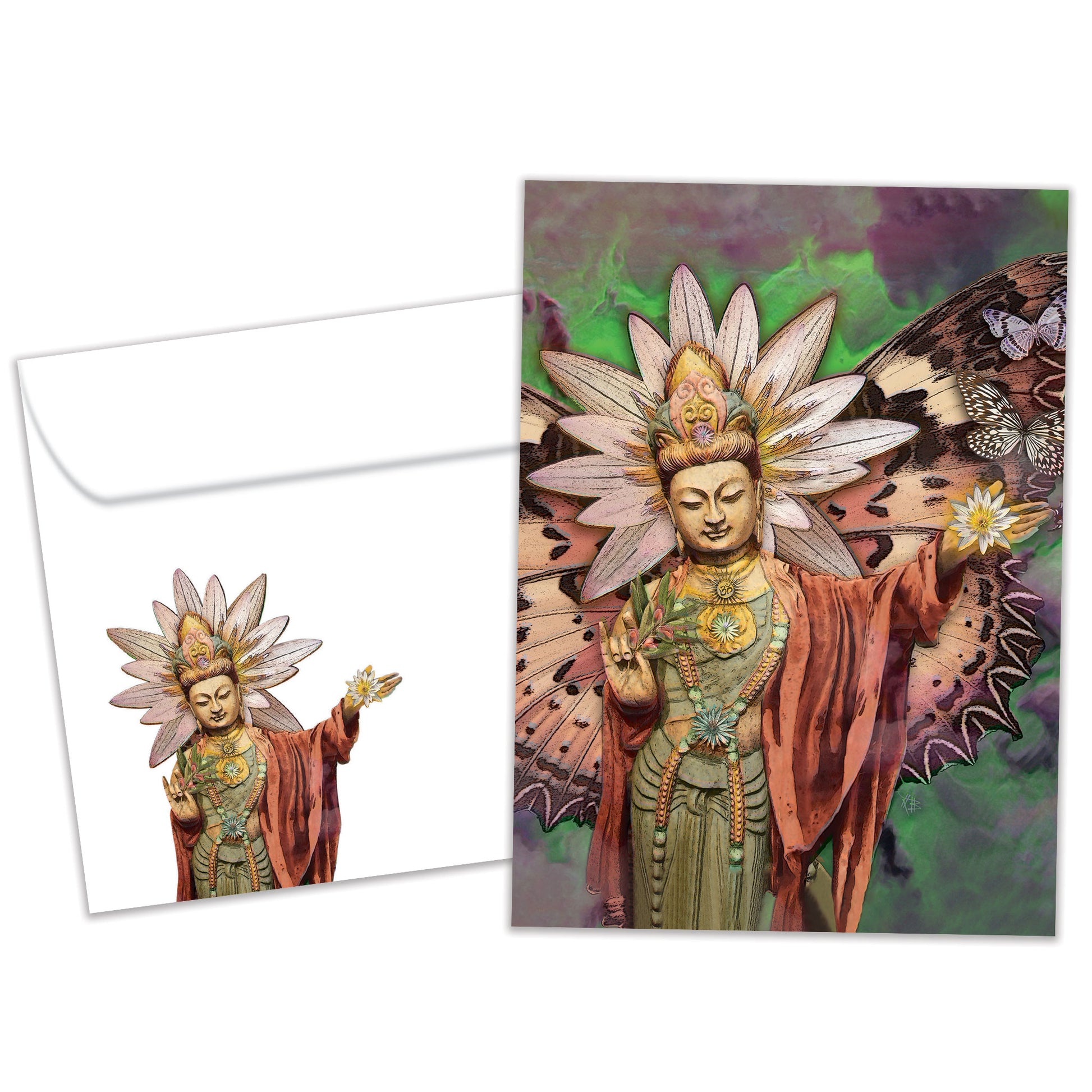 Front view of an All Occasion greeting card and matching envelope featuring an illustration of a Buddha with butterfly wings.