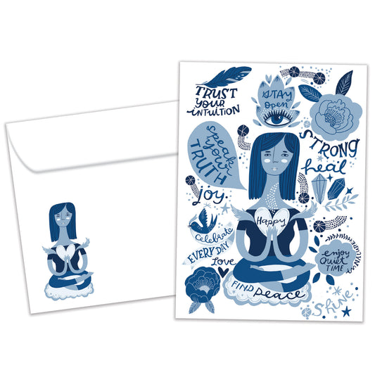 Front view of an All Occasion greeting card and matching envelope featuring a woman meditating, surrounded by peaceful messages, with blue illustrations and text.