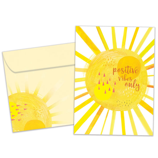 Front view of an All Occasion greeting card and matching envelope featuring a bright yellow sunshine illustration with the words 'positive vibes only.'
