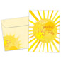 Front view of an All Occasion greeting card and matching envelope featuring a bright yellow sunshine illustration with the words 'positive vibes only.'