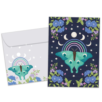 Front view of an All Occasion greeting card and matching envelope featuring a beautifully illustrated moth, moon phases, and flowers on a dark blue background.