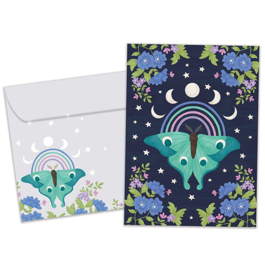 Front view of an All Occasion greeting card and matching envelope featuring a beautifully illustrated moth, moon phases, and flowers on a dark blue background.