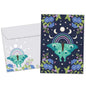 Front view of an All Occasion greeting card and matching envelope featuring a beautifully illustrated moth, moon phases, and flowers on a dark blue background.