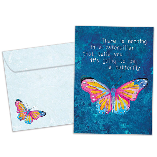 Front view of an All Occasion greeting card and matching envelope showcasing a vibrant butterfly on a dark blue background with an uplifting message.
