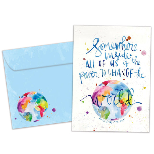 Front view of an All Occasion greeting card and matching envelope showcasing a colourful illustration of the world with an uplifting message.
