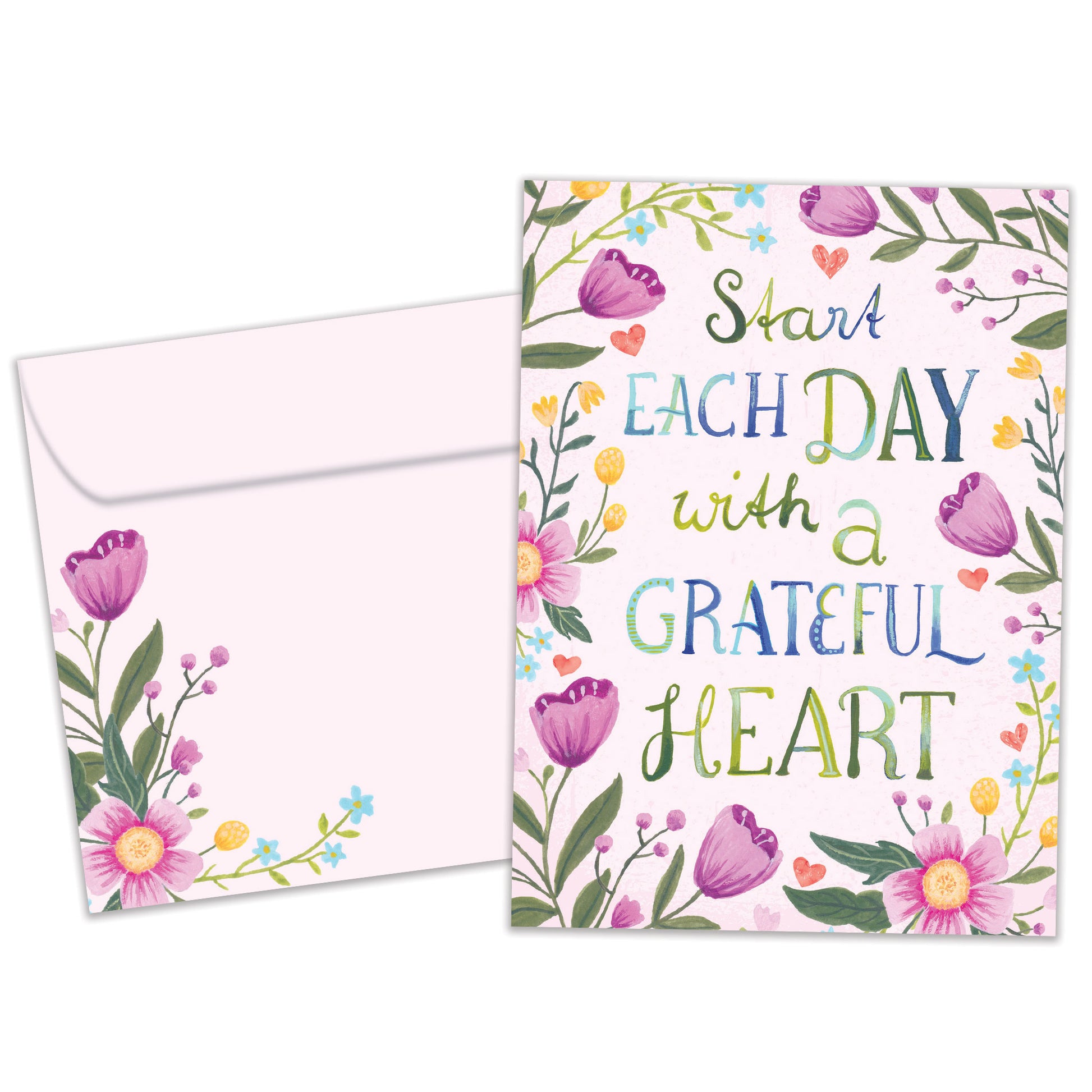 Front view of an All Occasion greeting card and matching envelope with the message 'Start each day with a grateful heart' surrounded by delicate flowers.