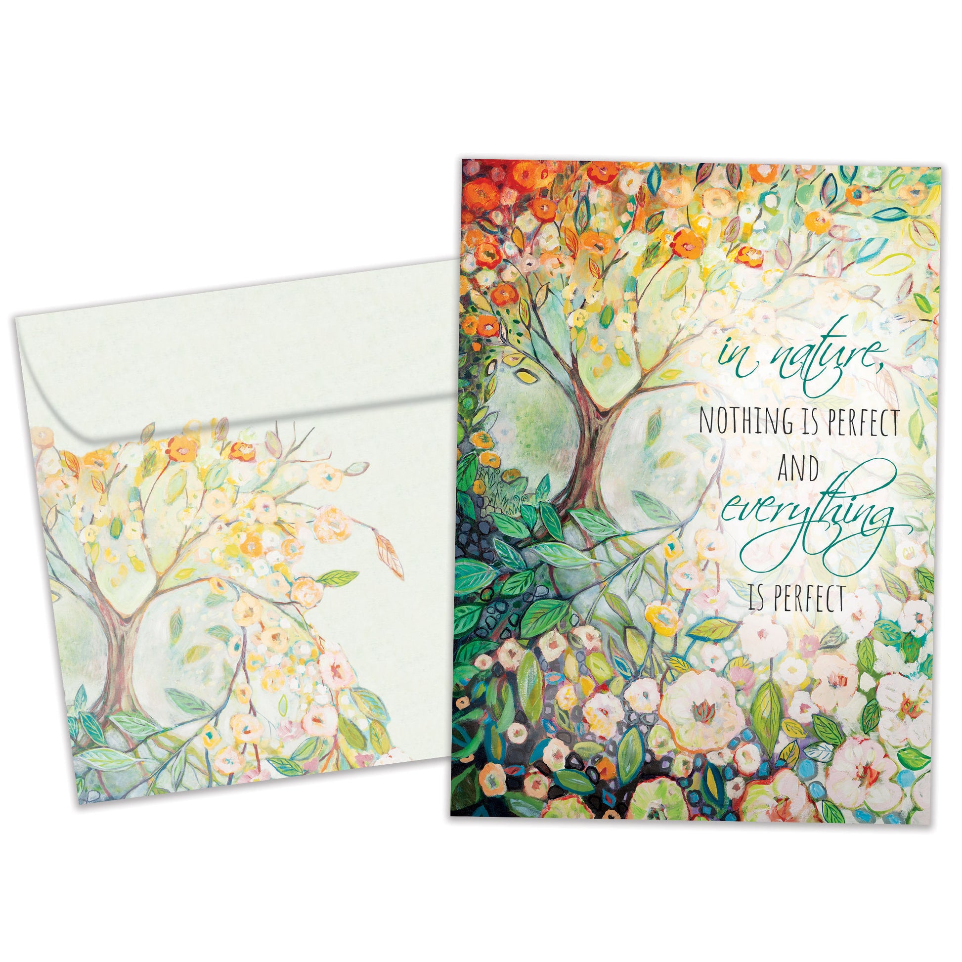 Front view of an All Occasion greeting card and matching envelope with a beautiful illustration of a tree and flowers.