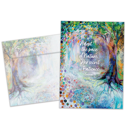 Front view of an All Occasion greeting card and matching envelope with a colourful illustration of a tree and flowers.
