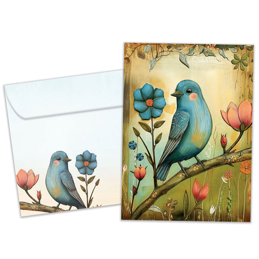 Front view of an All Occasion greeting card and matching envelope with a beautiful illustration of a bird and flowers.