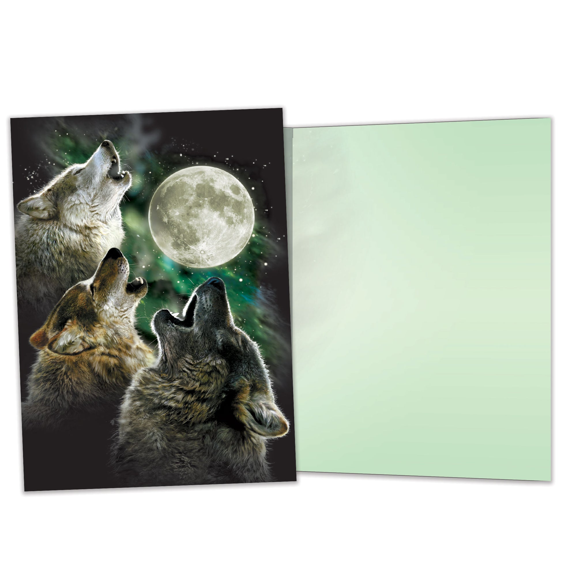 Front and inside view of an All Occasion greeting card featuring an illustration of three wolves howling at a full moon, with matching design details inside.