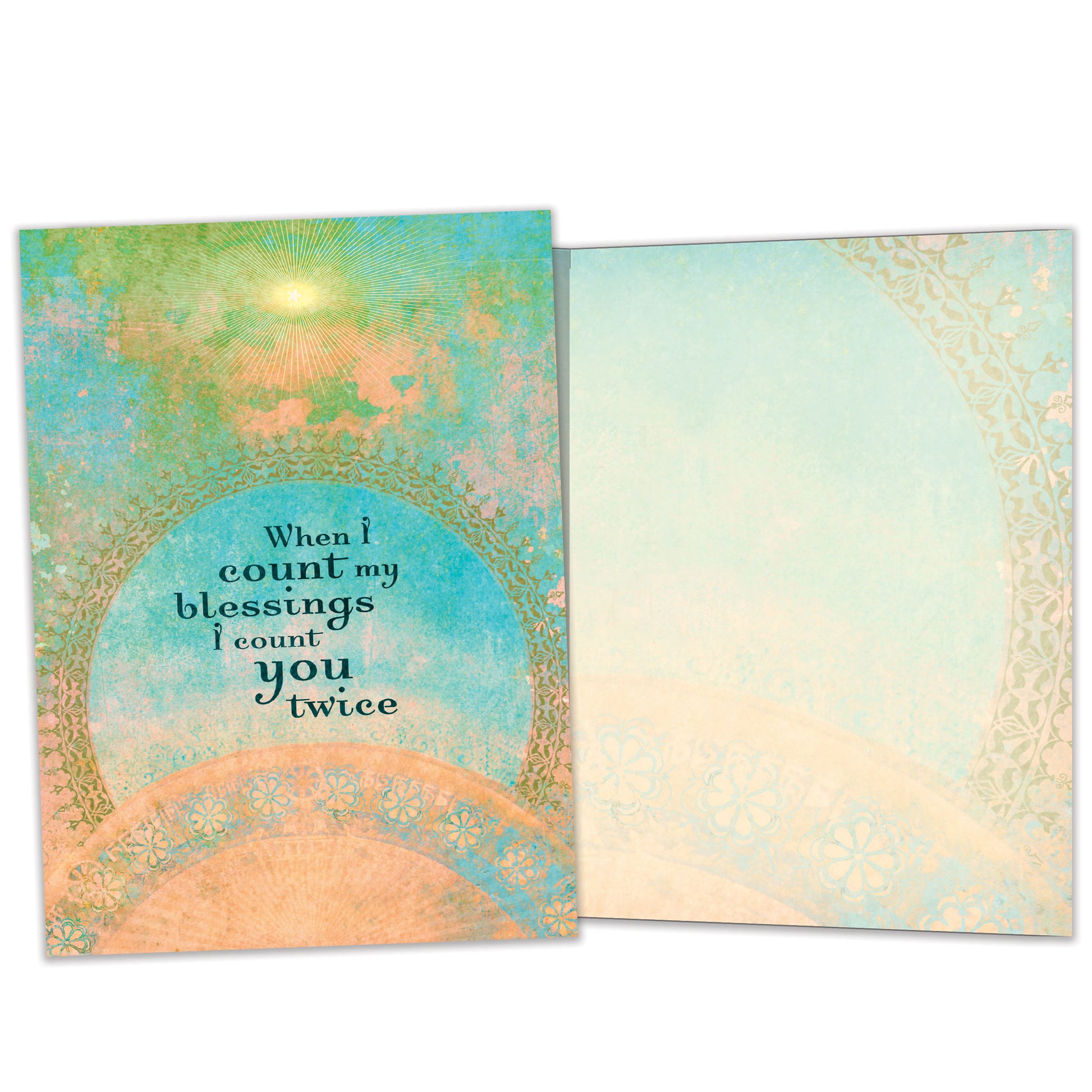 Front and inside view of an All Occasion greeting card showcasing an illustration and a nice message, with matching design details inside.