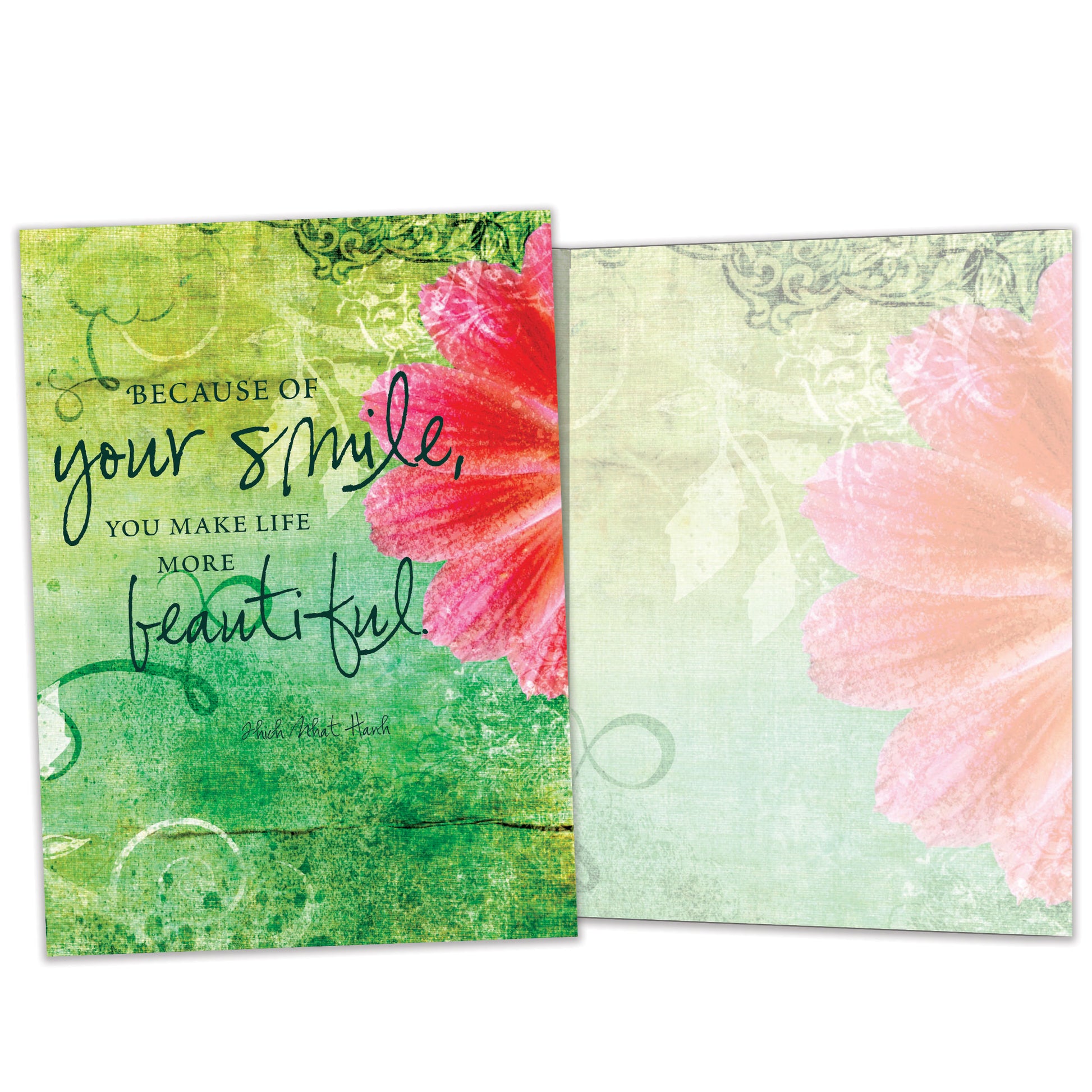Front and inside view of an All Occasion greeting card showcasing a floral design and a beautiful message, with matching design details inside.