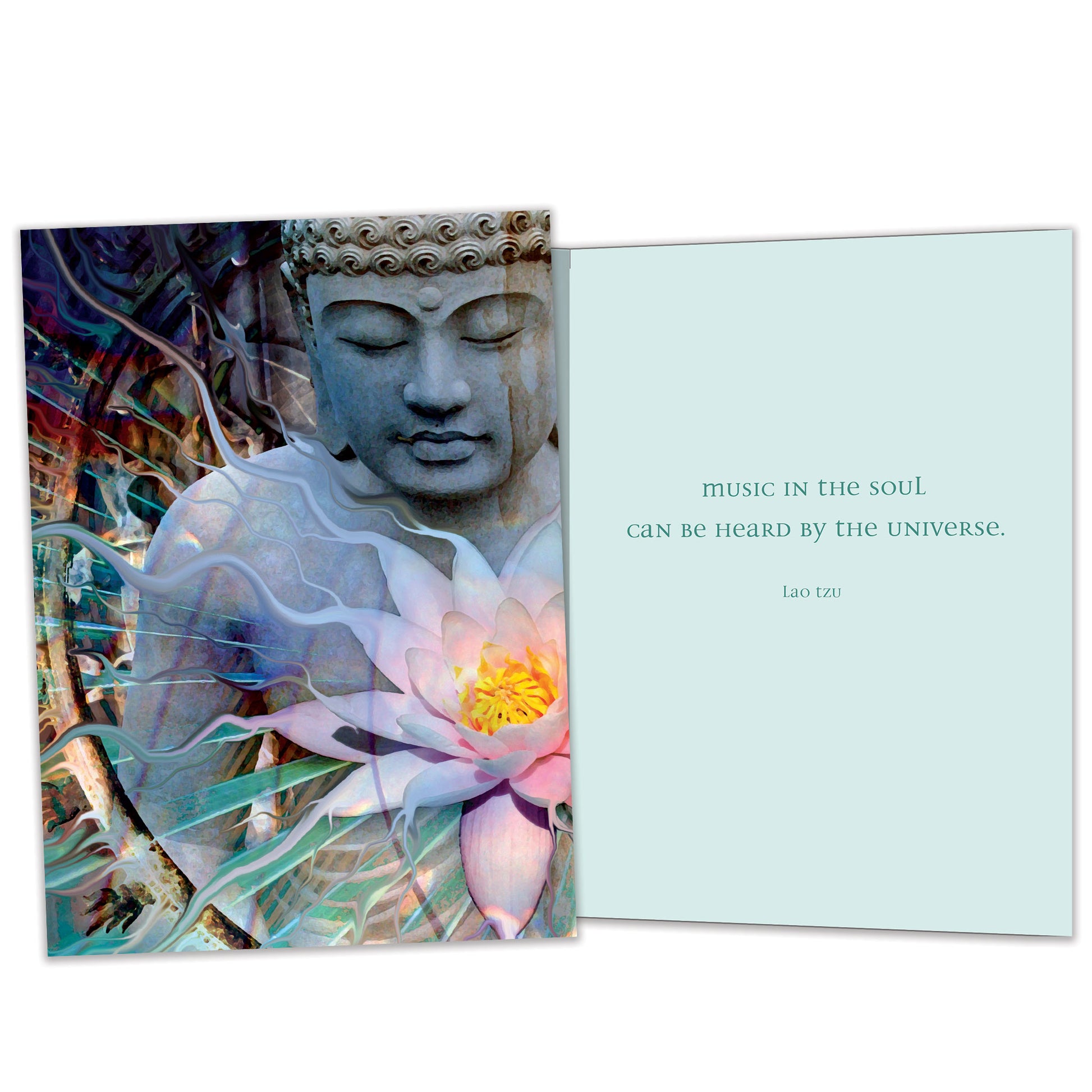 Front and inside view of an All Occasion greeting card featuring a Buddha and a flower, with matching design details inside.