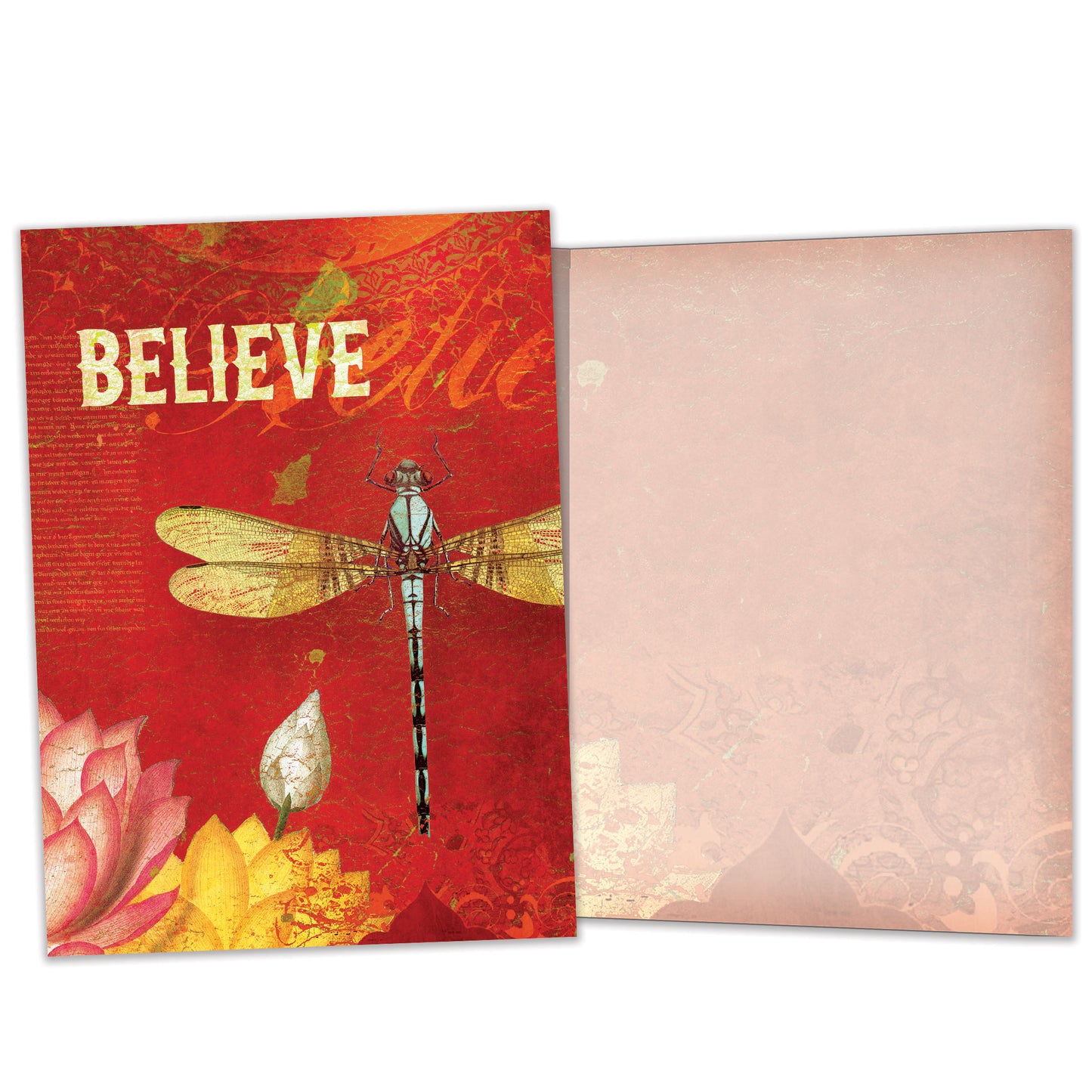 Front and inside view of an All Occasion greeting card showcasing a dragonfly and flowers illustration with the word 'Believe,' with matching design details inside.