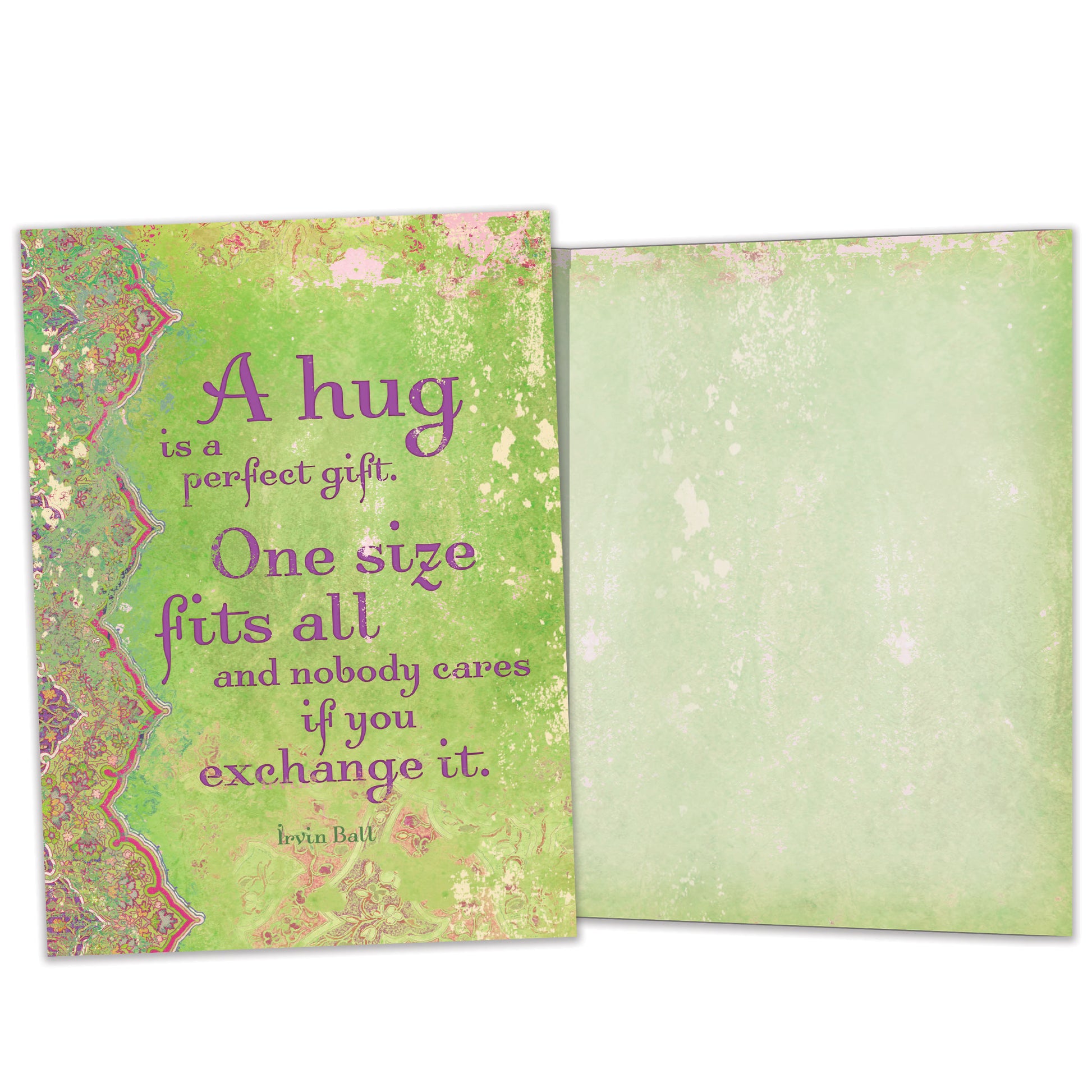 Front and inside view of an All Occasion greeting card with an artistic design and a message about a hug, with matching design details inside.