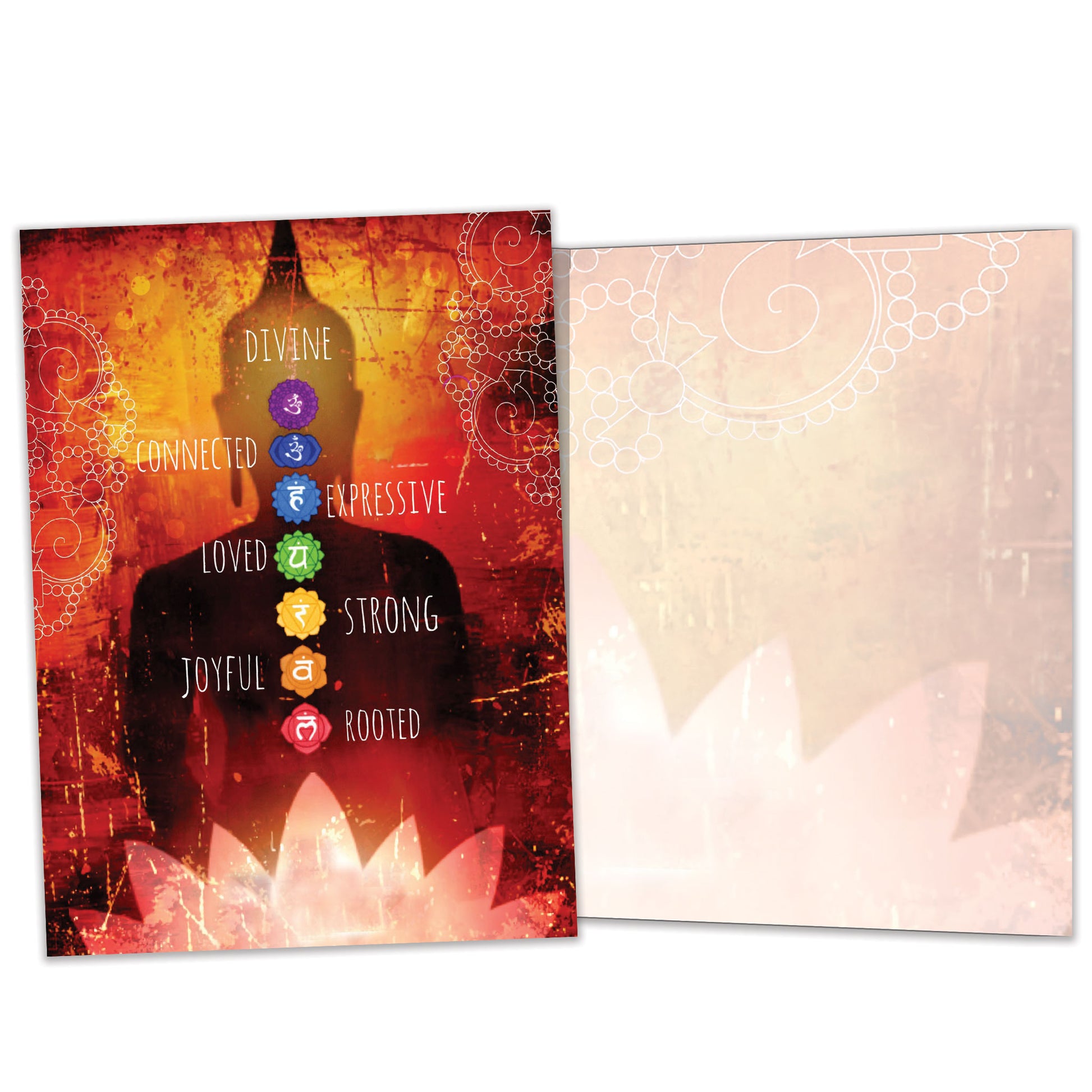 Front and inside view of an All Occasion greeting card featuring detailed artwork and spiritual words such as 'loved' and 'connected,' with matching design details inside.
