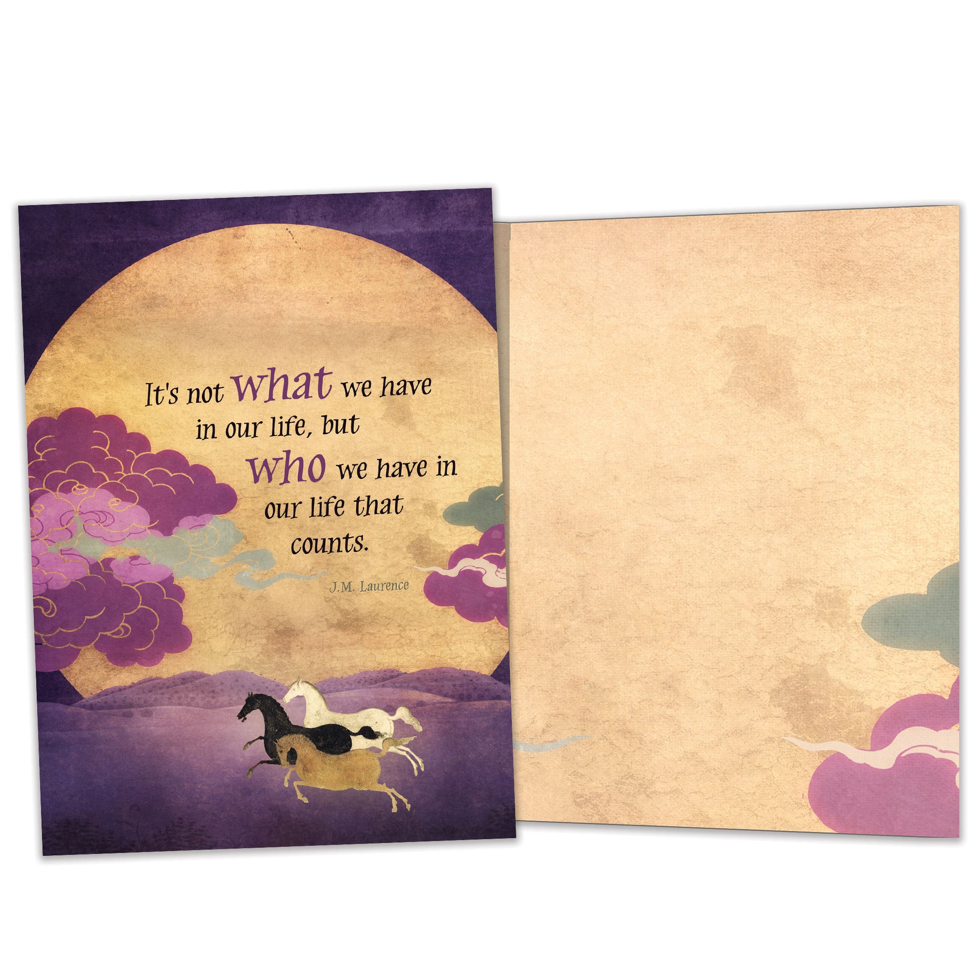 Front and inside view of an All Occasion greeting card with an illustration of horses running in front of the sun and a message about appreciating relationships, with matching design details inside.