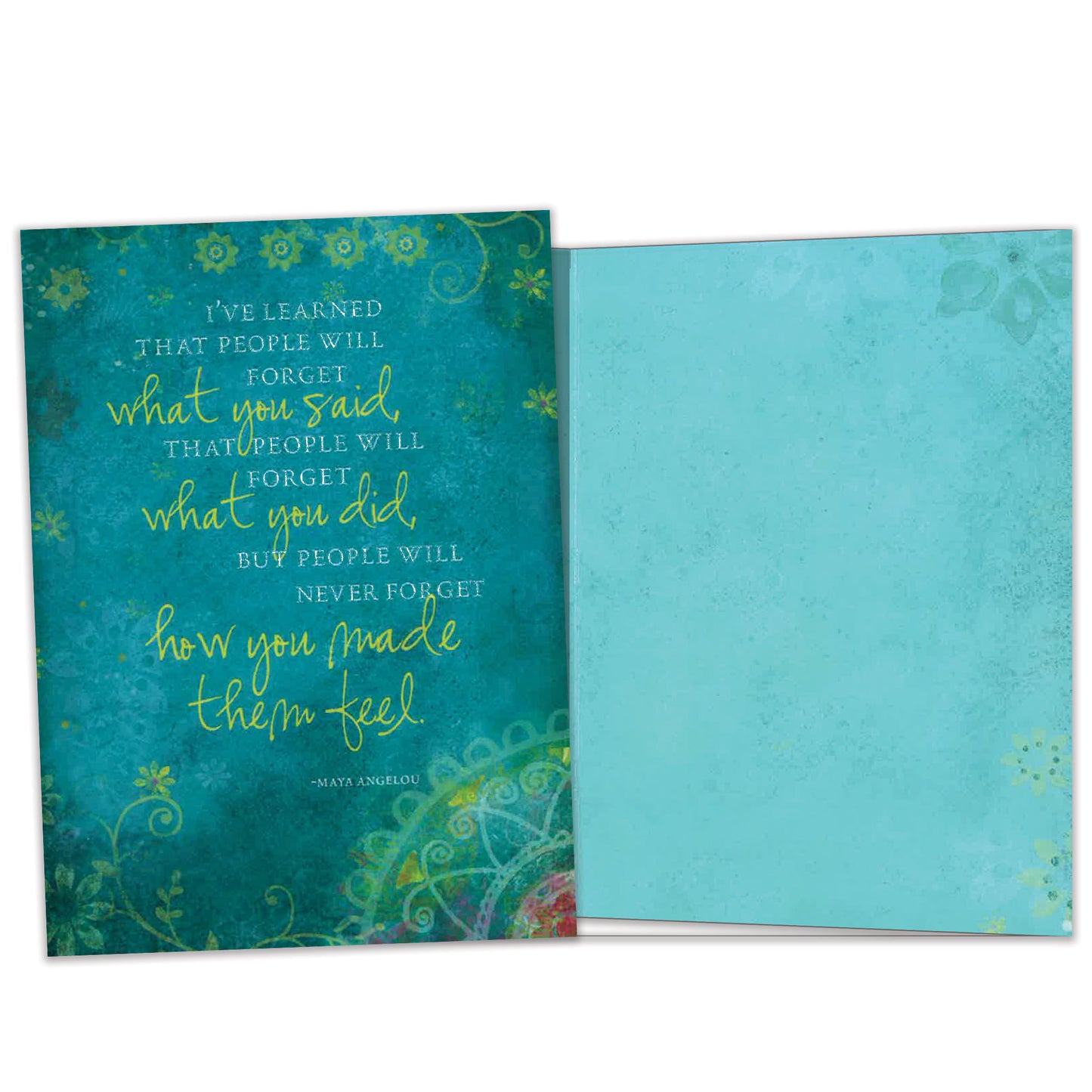 Front and inside view of an All Occasion greeting card featuring intricate artwork and a message about being remembered for how you made them feel, with design details inside.