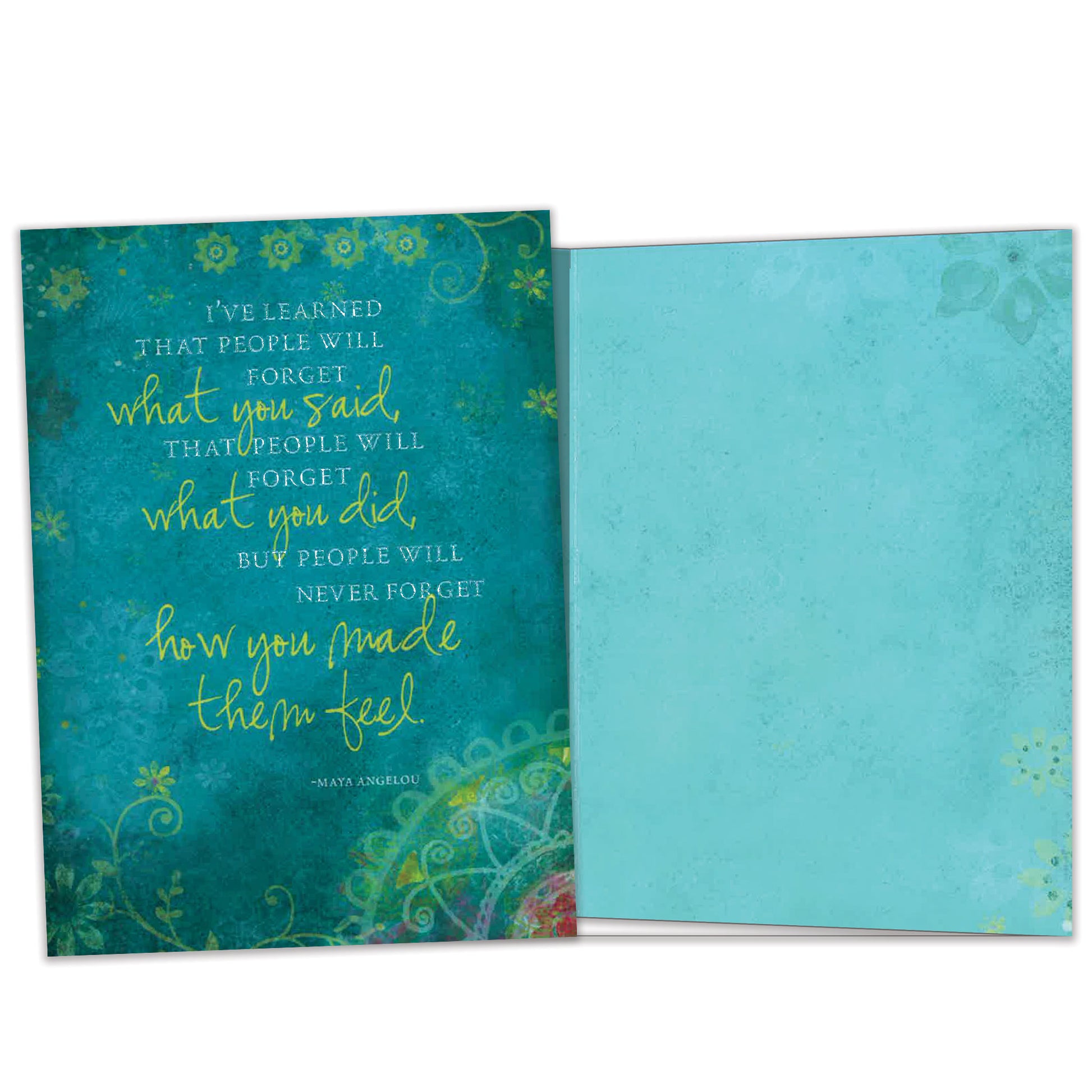 Front and inside view of an All Occasion greeting card featuring intricate artwork and a message about being remembered for how you made them feel, with design details inside.