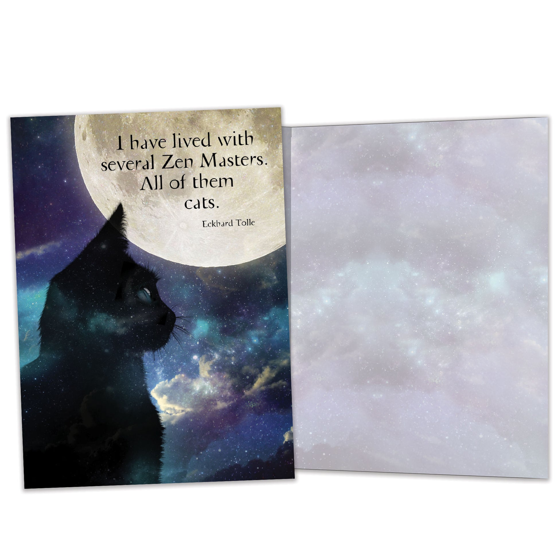 Front and inside view of an All Occasion greeting card with a cat and moon design and a quote about cats, with matching design details inside.