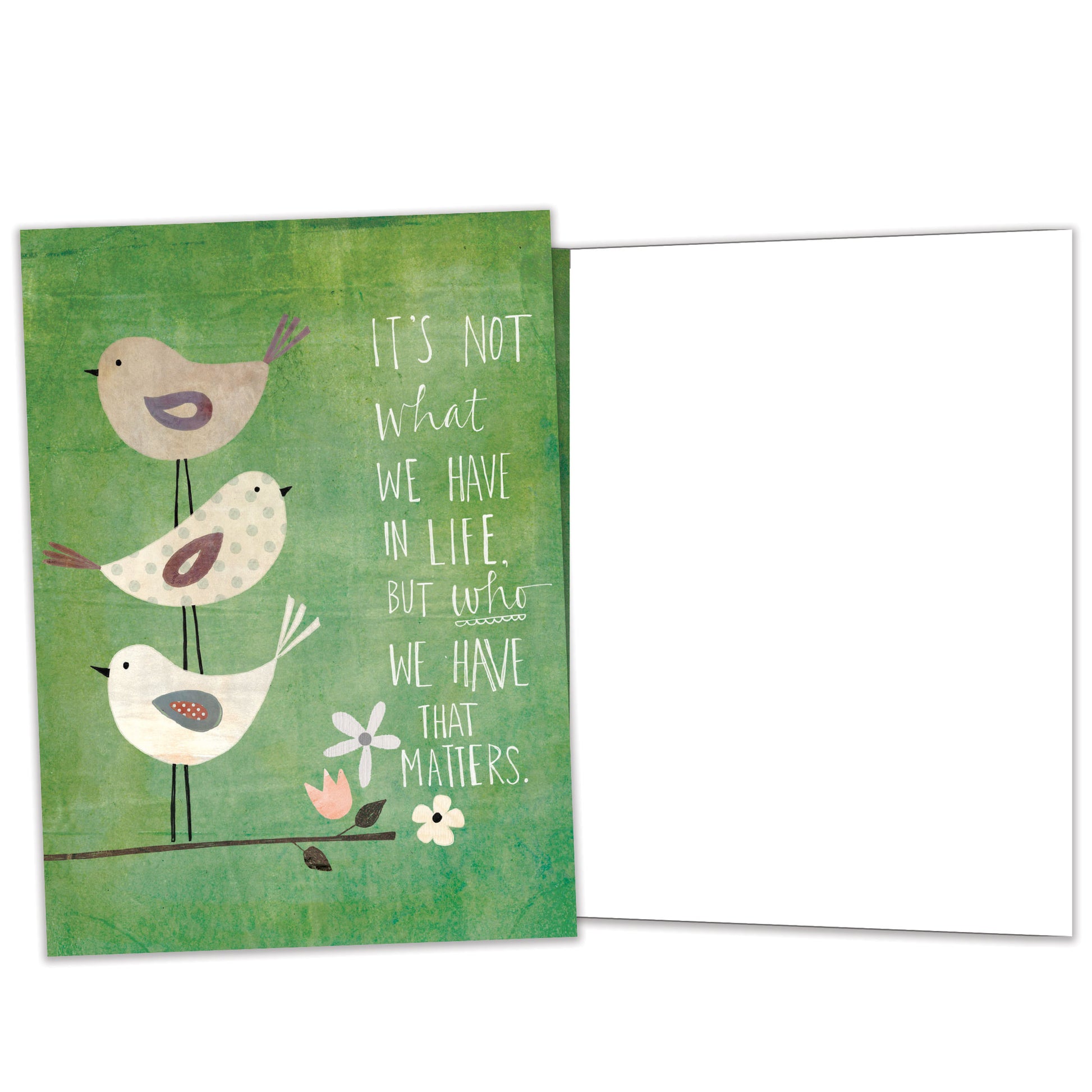 Front and inside view of an All Occasion greeting card featuring birds on a branch and a message about the people in our lives, with matching design details inside.
