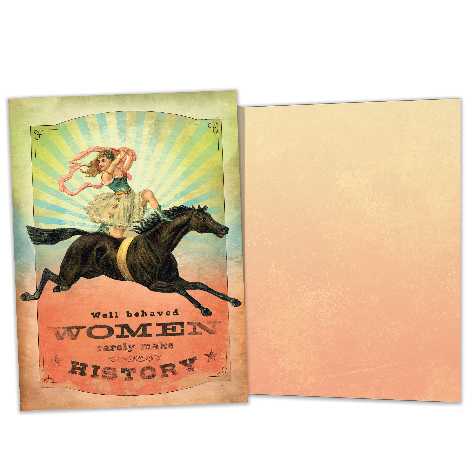 Front and inside view of an All Occasion greeting card with a vintage illustration of a woman riding a horse, featuring a quote about well-behaved women, with matching design details inside.