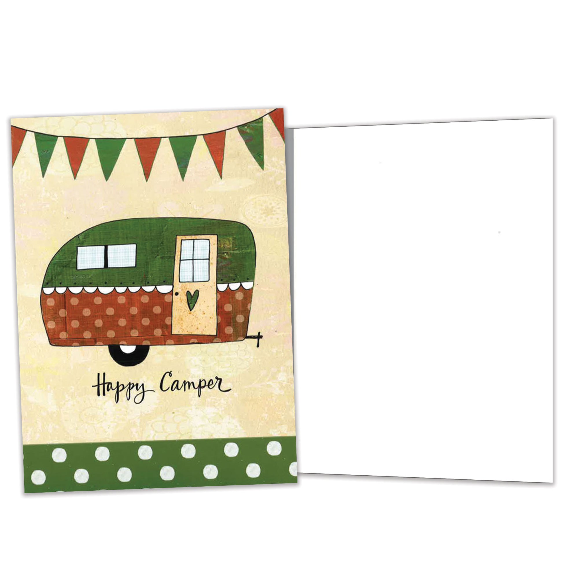 Front and inside view of an All Occasion greeting card featuring a camper illustration with 'Happy Camper' text, with matching design details inside.
