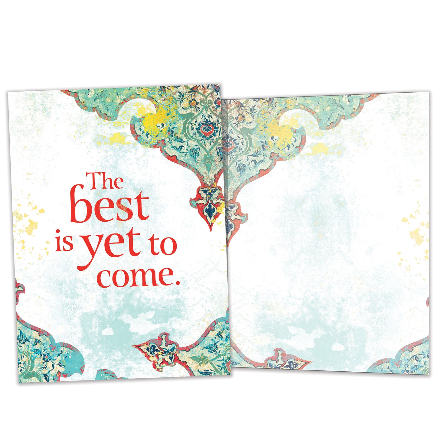 Front and inside view of an All Occasion greeting card featuring an illustration and the message 'The Best Is Yet to Come,' with matching design details inside.