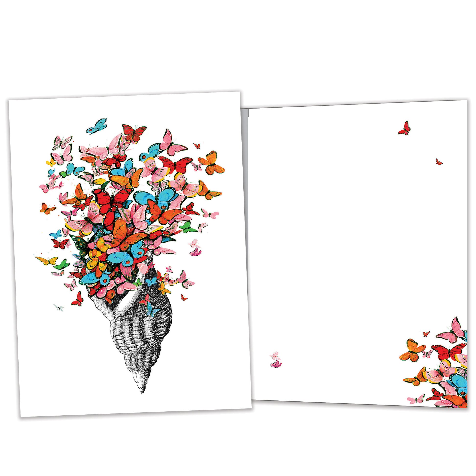 Front and inside view of an All Occasion greeting card featuring a shell with butterflies in a joyful design, with matching design details inside.