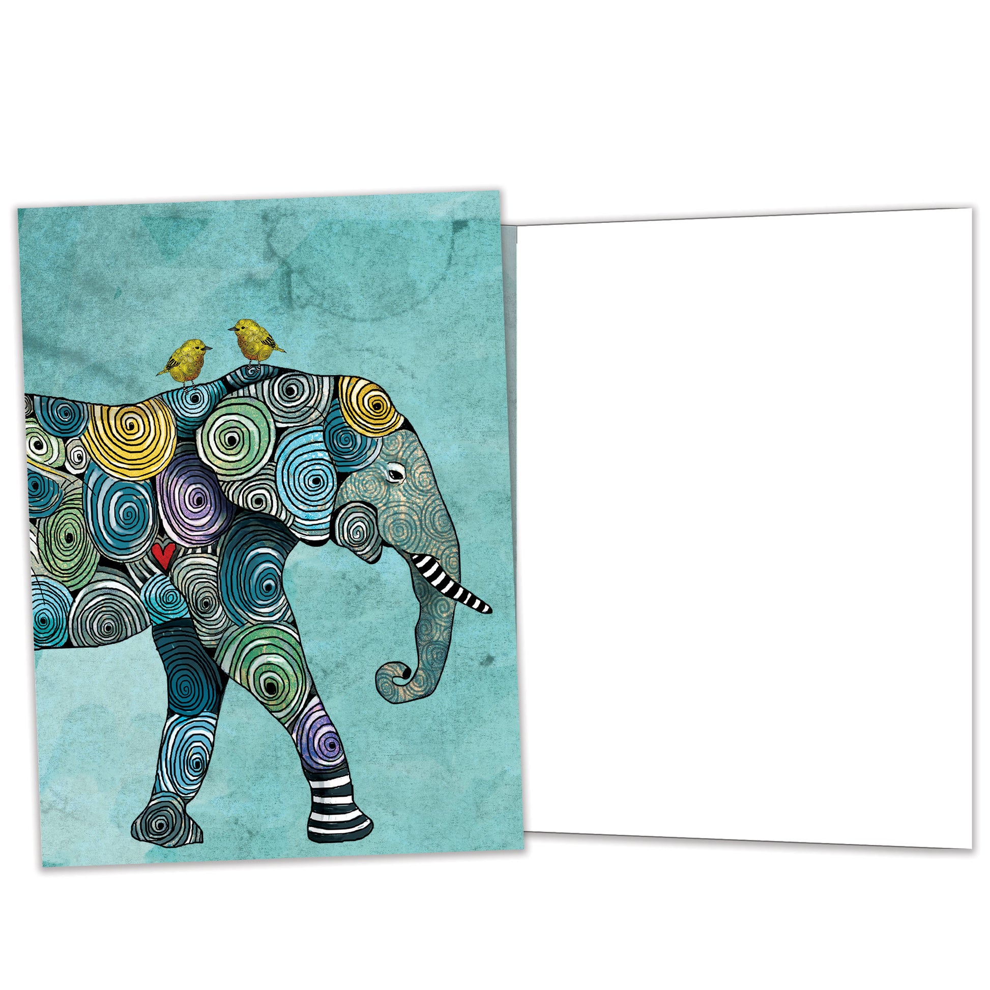 Front and inside view of an All Occasion greeting card featuring a vibrant elephant illustration in a bold design, with matching design details inside.