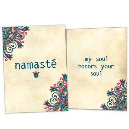 Front and inside view of an All Occasion greeting card featuring 'Namaste' and mandala artwork, with matching design details inside.