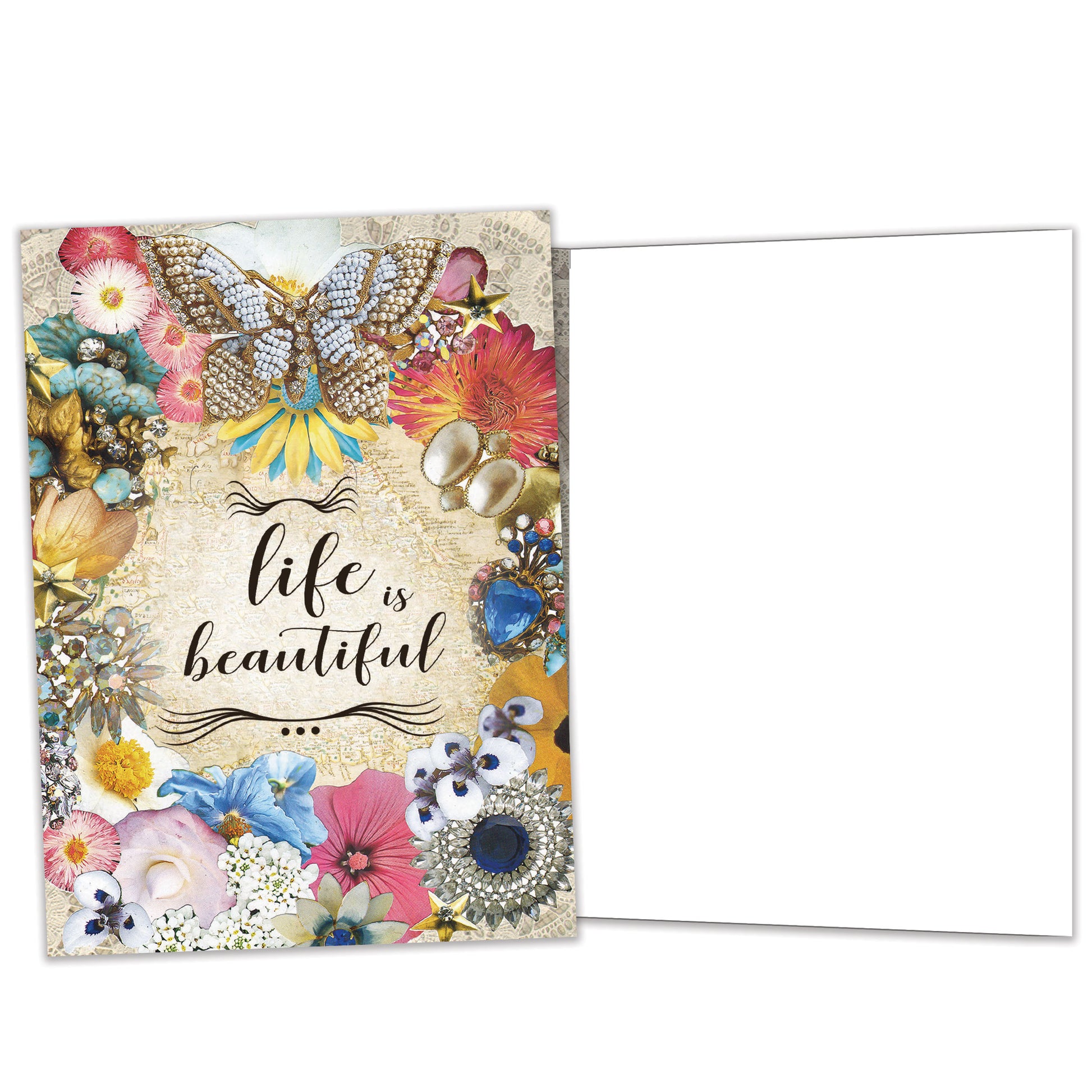 Front and inside view of an All Occasion greeting card featuring 'Life is Beautiful' with a beautiful illustration, with matching design details inside.