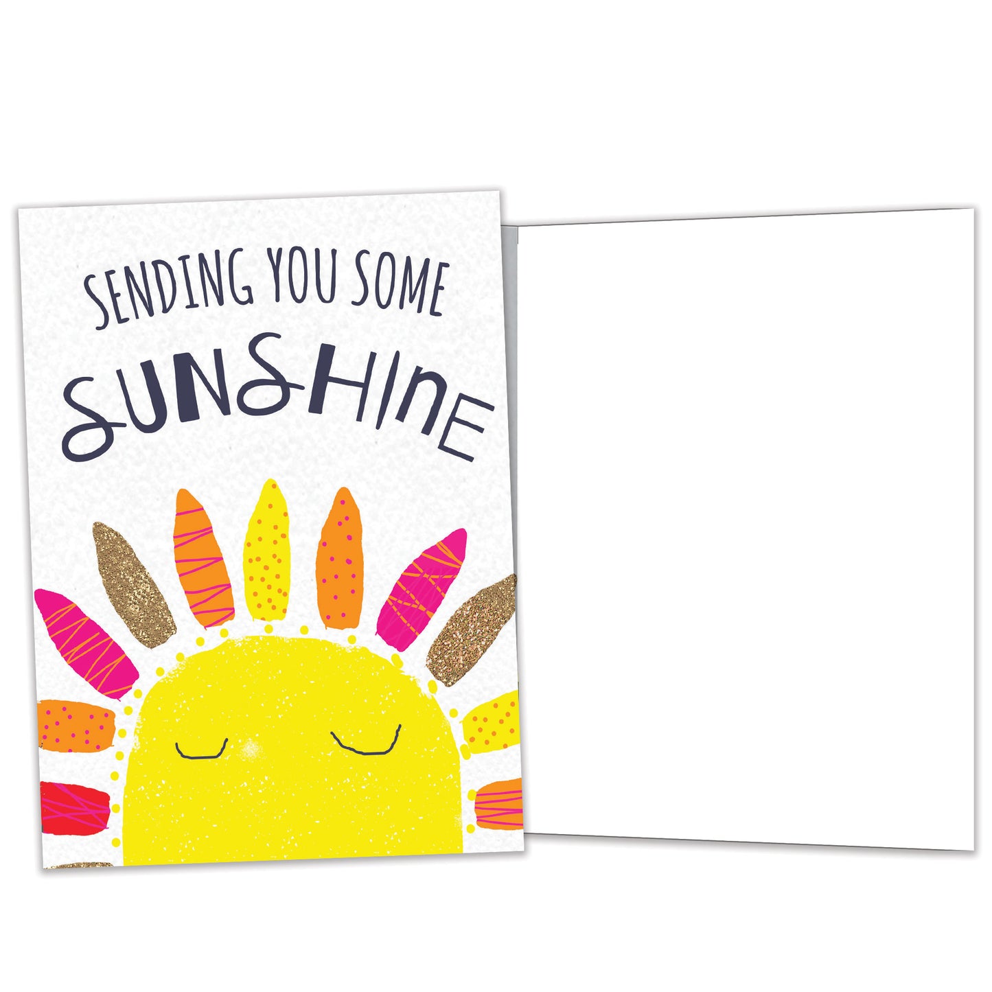 Front and inside view of an All Occasion greeting card featuring a sun illustration with 'Sending You Some Sunshine,' with matching design details inside.