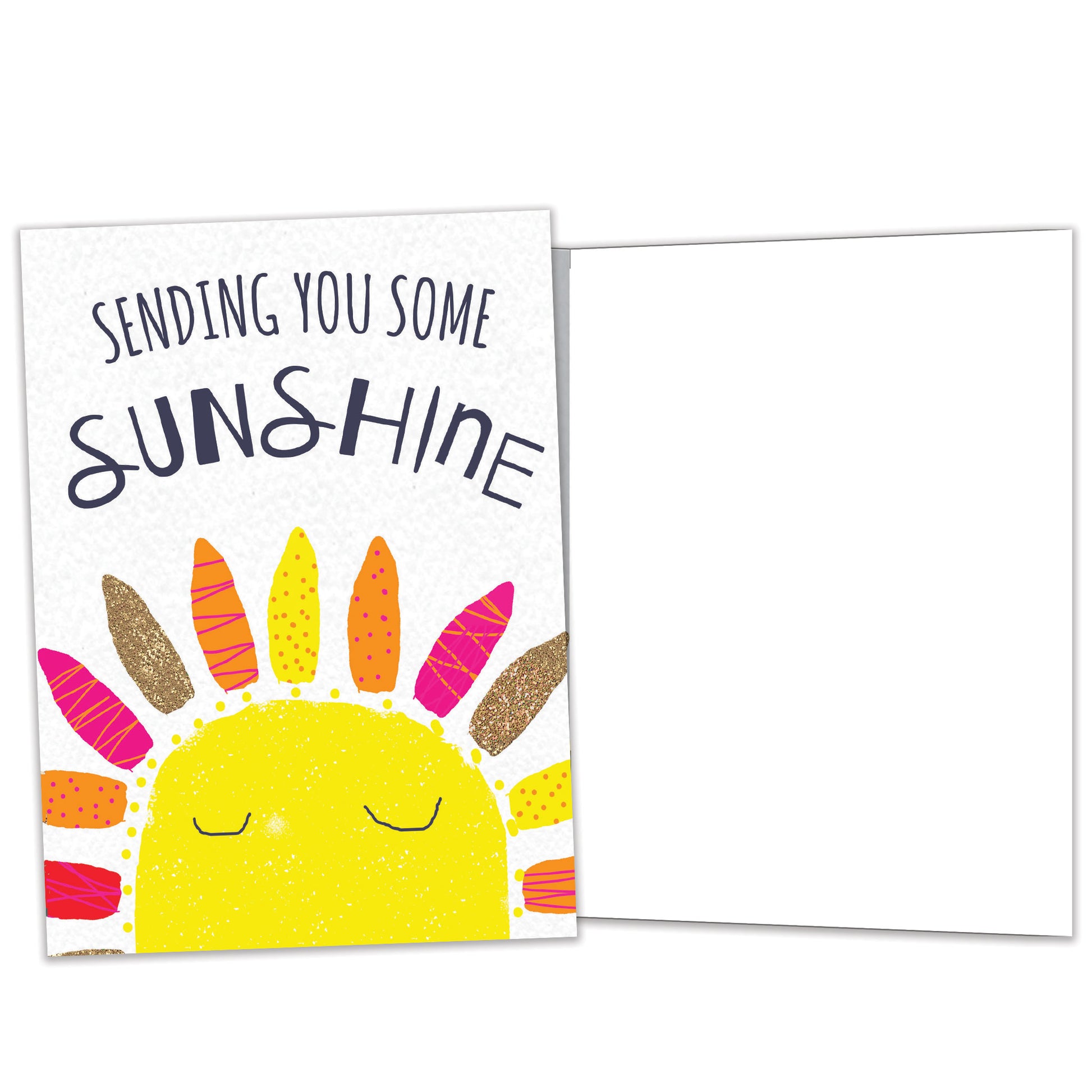 Front and inside view of an All Occasion greeting card featuring a sun illustration with 'Sending You Some Sunshine,' with matching design details inside.