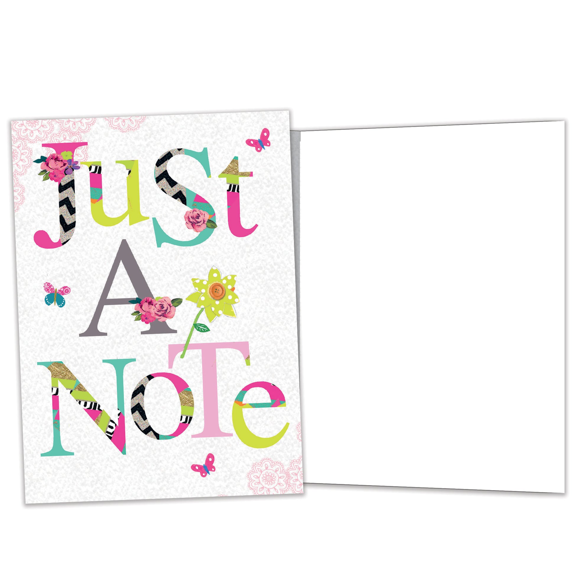 Front and inside view of an All Occasion greeting card featuring a floral design and the message 'Just A Note,' with matching design details inside.