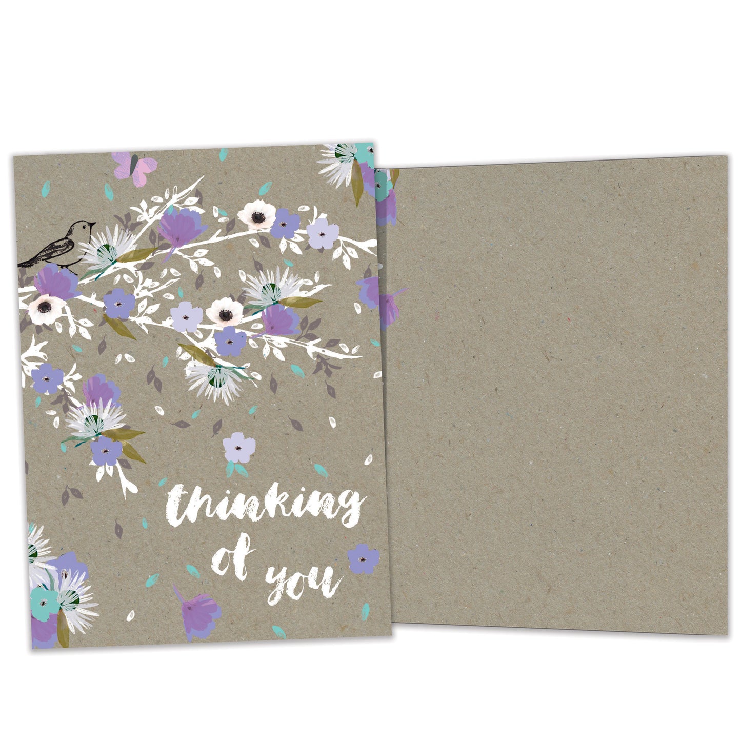 Front and inside view of an All Occasion greeting card featuring purple flowers and the message 'Thinking of You,' with matching design details inside.