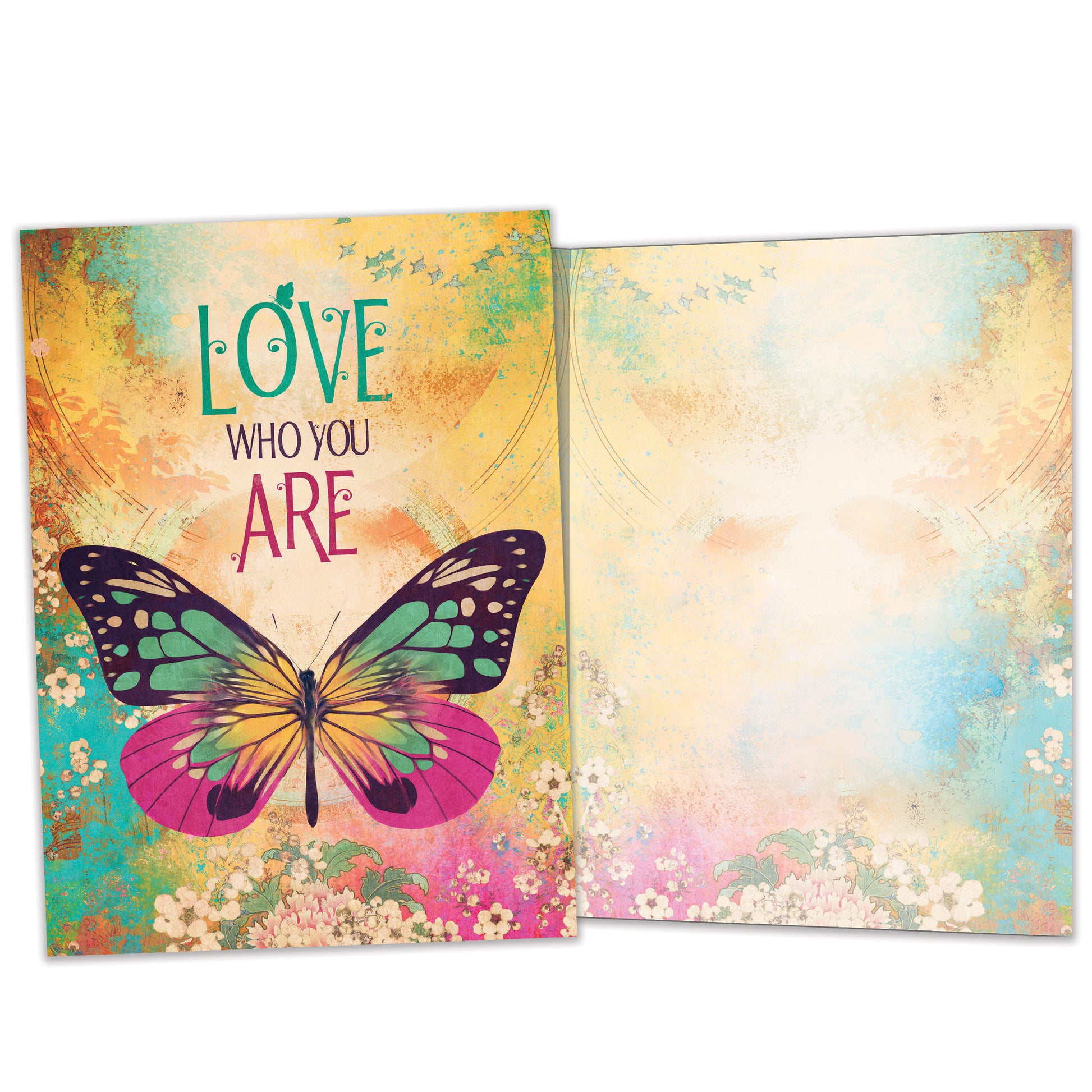 Front and inside view of an All Occasion greeting card featuring a beautifully illustrated butterfly and the message 'Love Who You Are,' with matching design details inside.