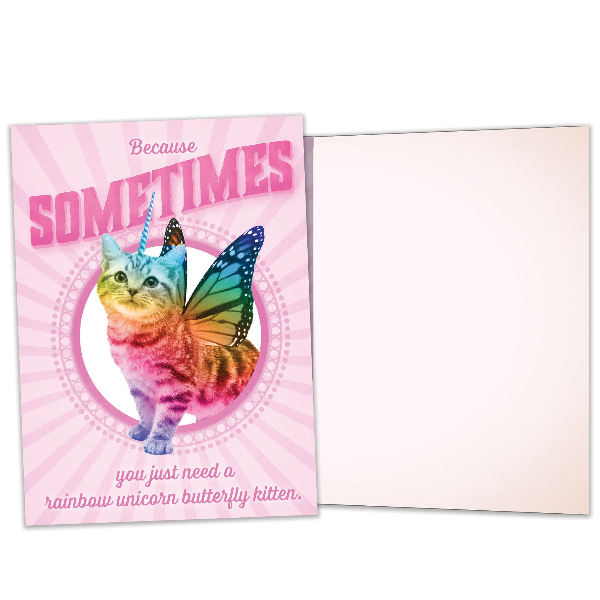 Front and inside view of an All Occasion greeting card featuring a unicorn kitten with butterfly wings and rainbow colours, with matching design details inside.