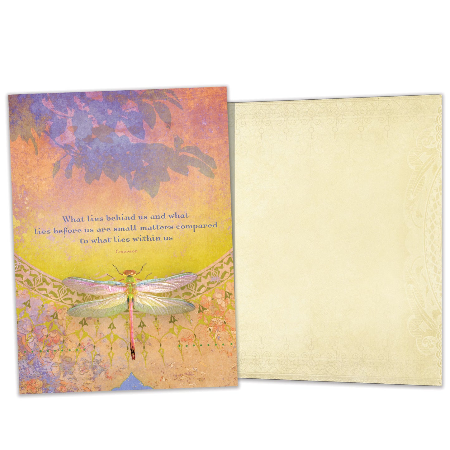 Front and inside view of an All Occasion greeting card featuring a dragonfly and a message about what lies within us, with matching design details inside.