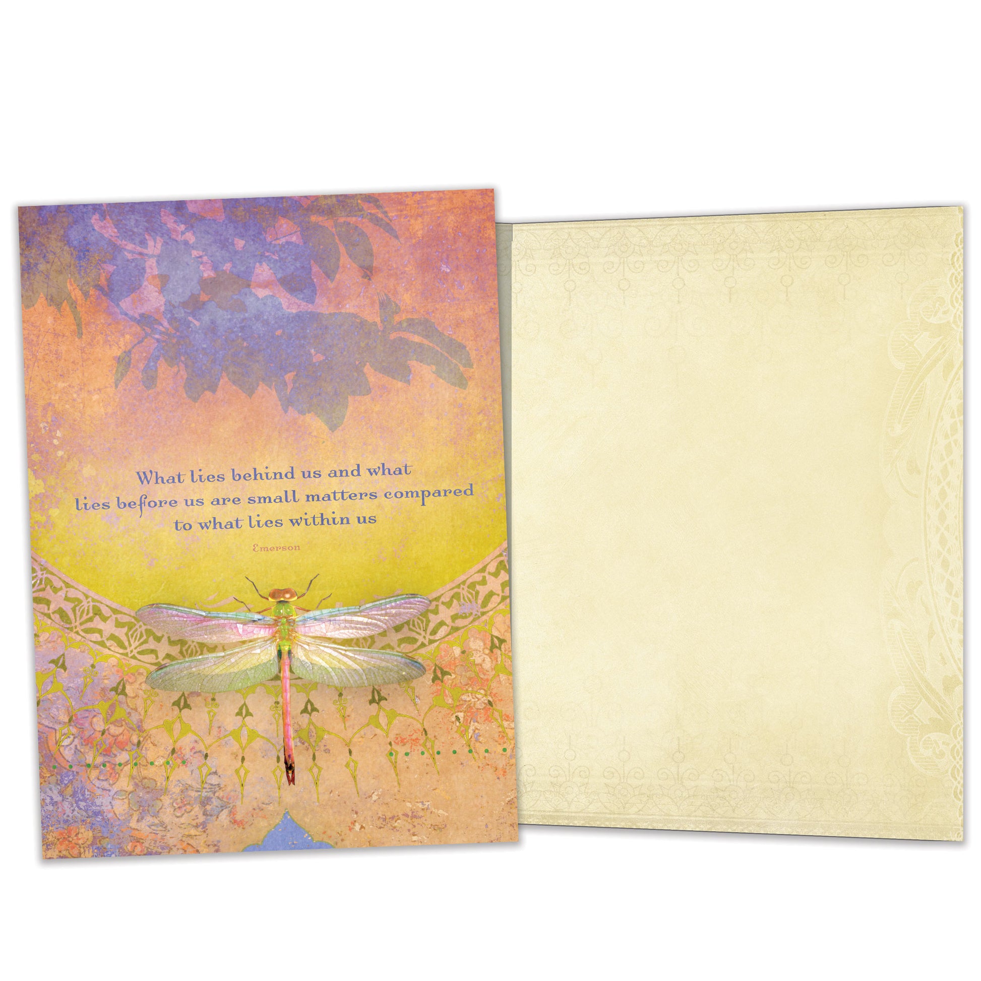 Front and inside view of an All Occasion greeting card featuring a dragonfly and a message about what lies within us, with matching design details inside.