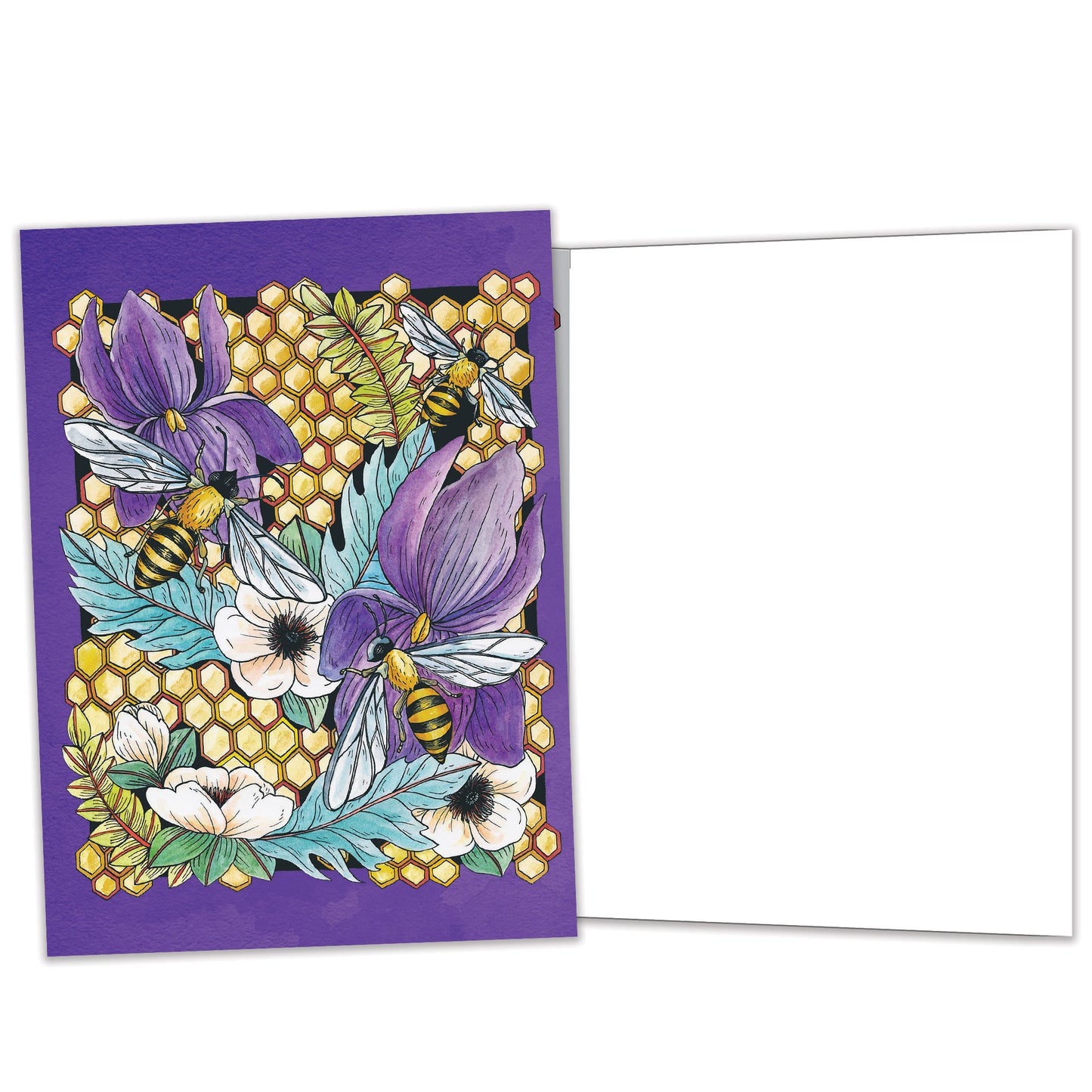 Front and inside view of an All Occasion greeting card featuring honeycomb, bees, and flowers, with matching design details inside.